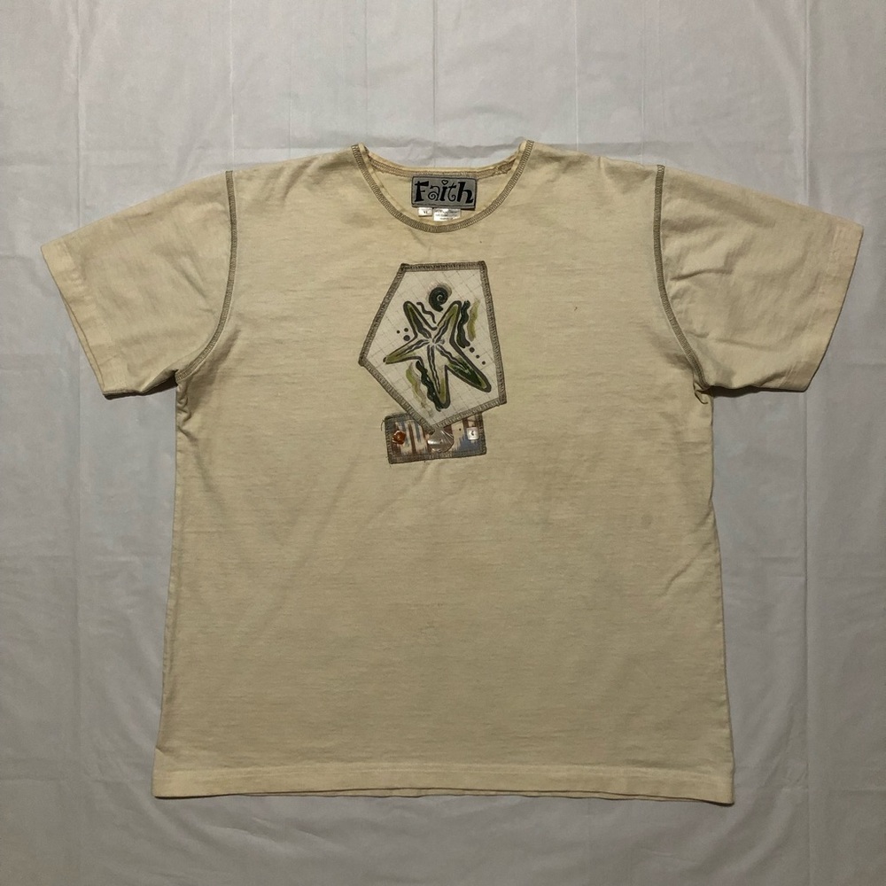 Faith Women’s Short Sleeve 100% Cotton Patch & Buttons Design Beige T-Shirt XL